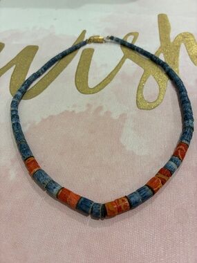 Blue and Orange Beaded Women's Necklace - Handcrafted Style